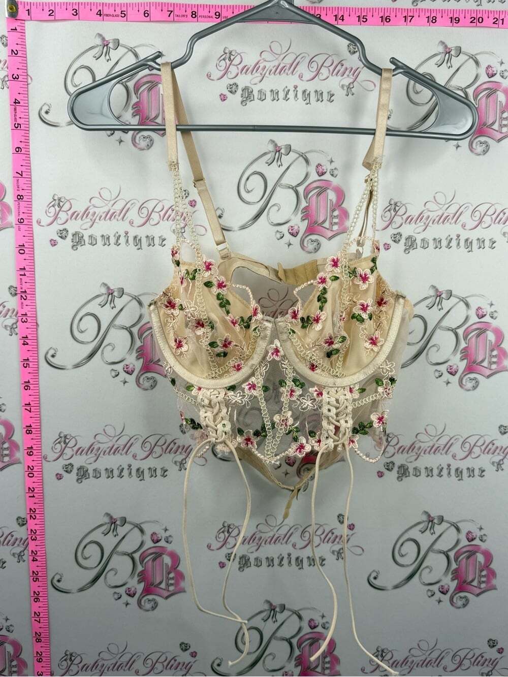 Bra bustier corset style flowers Beige Floral Embroidered Lace Bustier